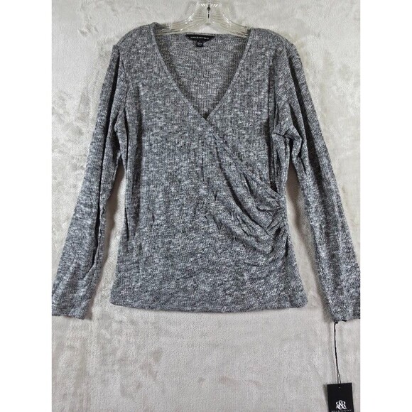 Rock & Republic Tops - Rock & Republic Sz L Side Ruched Surplus Sweater Heather Grey Black Modesty Snap